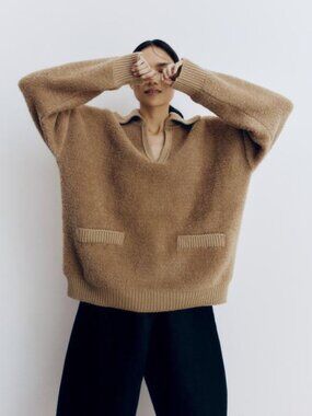 Monica Cordera Shearling Polo Sweater in Camel